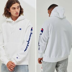 Champion Light Gray Hoodie 😍 Reverse Weave Flock Arm Script  Sweatshirt • Large